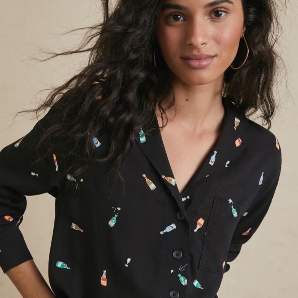 Anthropologie Black Button Down Shirt with Colorful Bottle Print